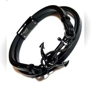 NWT  He Rocks Mens BRACELET 8.5” Black Stainless Anchor 4 Leather Wrap Bands